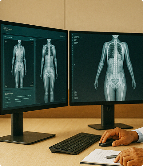 Medical monitors showing body scans